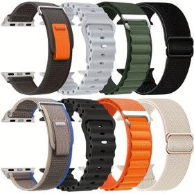 Resim 8'li Paket Naylon Spor Kayışları, Nefes Alabilir Halka Kayışlar, Su Geçirmez Bileklikler, Yay Tokalı, 42mm 44mm 45mm 46mm Uyumlu, iWatch Serisi 10/9/8/7/6/5/Ultra ve SE ile Uyumludur, Erkekler ve Kadınlar için 