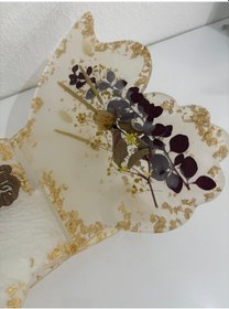 Resim Şeffaf Epoksi Altın Varaklı Bitkili Ve Yazı Motifli Kelebek Rahle Özel Tasarım - Tek Üretim - 35x31 Cm 