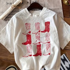 Resim Kadınlar için Batı Kovboy ve Bot Grafik Baskılı Tişört - Kırmızı Batı Motifli Siyah, Kısa Kollu Yuvarlak Yaka Günlük Üst, İlkbahar Yaz Sonbahar İçin Orta Esneklikte Makinede Yıkanabilir, Kovboy Aksesuarları, Saydam Olmayan Kumaş 