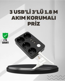 Resim TeknomAVM 4.1A Hızlı Şarjlı Akım Korumalı 4 Priz ve 3 USB Çıkışlı Priz 