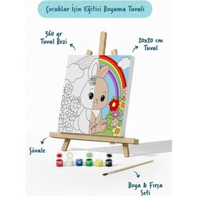 Resim Gökkuşağı Ve Tavşan Temalı Çocuk Boyama Tuvali Şövaleli Eğitici Boyama Seti 20x20 Cm 