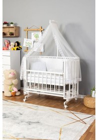 Resim Ahşap Beşik Anne Yanı Beşik Beyaz 60x120 Beyaz Güpür Uyku Seti Yatak Tekerlekli Beyaz 