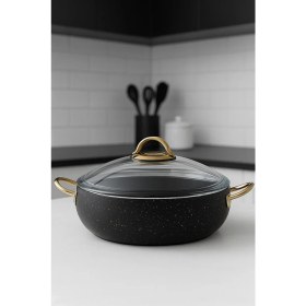 Resim Yunusoğlu Home 28 cm Basık Güveç Tencere – 3.5 Litre, Gold Kulplu, 4 mm Granit Kaplama, Yanmaz Yapışmaz 