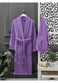 Resim Lavanta Beyaz Havlulu Bornoz Seti 4'lü Lavanta - Beyaz 