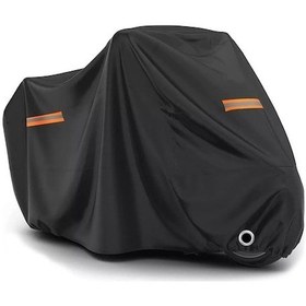 Resim Motorsiklet Koruyucu Örtü 190t Ditetaf Su Geçirmez - Xxl Boy, Turuncu Yansıtıcı Şeritler, Rüzgar Ve Hırsızlık Engeli, Depolama Çantası Dahil 