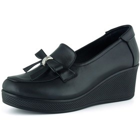 Resim Erkan Saçmacı Emma Siyah Hakiki Dana Derisi Fiyonklu Yuvarlak Burun Dolgu Topuklu Günlük Ayakkabı Siyah Melanj 