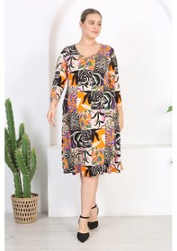 Resim Kadın Turuncu Mor Patchwork Desen V Yaka Truvakar Kol Büyük Beden Esnek Elbise Turuncu 