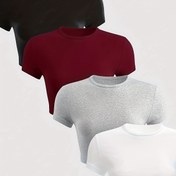 Resim Kadınlar İçin Şık Dar Kesim Kısa Kollu Yuvarlak Yaka Tişört - Nefes Alabilen Orta Esneklikte Kumaş, Makinede Yıkanabilir, Düz Renkli Günlük Üst Bahar/Yaz için, 4 Renk (Siyah, Bordo, Açık Gri, Beyaz), Rahat Giyim Tekstili, Şık Moda Tişört 