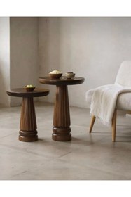 Resim AYLESA Doğal Ahşap 2’li Set Mantar Yan Sehpa Modern Fiskos Zigon Çiçeklik 