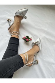 Resim Gamze Shoes Gümüş Renk Saten Bilekten Bağlama Fiyonk Taşlı 