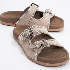 Resim Luvi Shoes Allen Bej Taşlı Hakiki Deri Süet Kadın Terlik Bej 