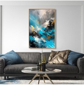 Resim Yağlı Boya Dokulu Tablo Turkuaz Gri Beyaz Soyut Altın Çerçeveli U08061-179070 