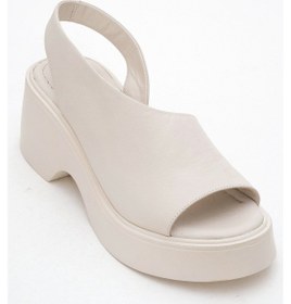 Resim Luvishoes Luvi Shoes Roy Ekru Cilt Hakiki Deri Kadın Dolgu Topuklu Sandalet Ekru 