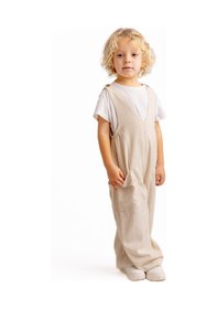 Resim Oliven The Kid Unisex V Yaka Paça Lastikli Keten Salopet Naturel Naturel Bej 