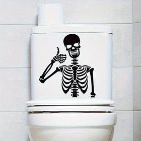 Resim Korkunç Şık, Ürkütücü Siyah Kafatası Tuvalet Stickerı - Kapak & Su Tankı için Yeniden Kullanılabilir PVC Banyo Stickerı, Halloween Ev Dekoru için Mükemmel 