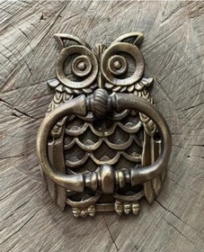 Resim Büyük Baykuş Taktak Antik Sarı Pirinç Kapı Tak Tak Kapı Tokmagı 