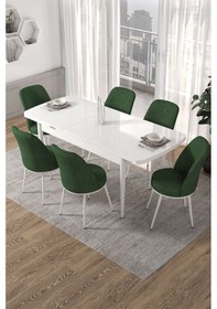 Resim Canisa Concept Kor Serisi 70x114 Açılabilir Mutfak Masası Takımı Beyaz Masa 6 Haki Yeşil Sandalye Masa Beyaz Sandalyeler Haki Yeşili 