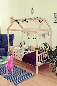 Resim Unisex Montessori Bebek ve Çocuk Karyolası Çatılı Doğal Ahşap Yatak Doğal Ahşap 120 x 200 LoolpiNM54 