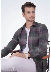 Resim Yeşil Lila Geçişli Slimfit Oduncu Gömlek Yeşil 