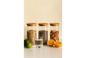 Resim Hava Geçirmez 3'lü Düz Cam Kahvaltılık Vakum Kapaklı Kavanoz Seti - 1095 ml 