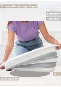 Resim Çamaşır Sepeti Katlanır Sele Silikon Sepet Büyük Boy 38 Lt. Beyaz Gri 