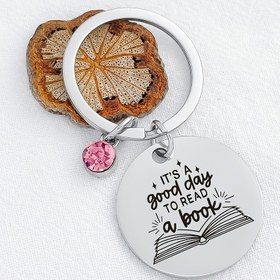 Resim Kitap Severler için Paslanmaz Çelik Anahtarlık - "Bir Kitap Okumak İçin İyi Bir Gün" Pembe Boncuklu Şarm ile Kazınmış, Kadınlar, Erkekler, Arkadaşlar ve Aile için Mükemmel Hediye, Anahtar veya Sırt Çantası Dekoru için Yuvarlak Tasarım, Kitap Sever Hediyeleri 