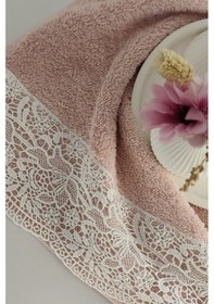 Resim Gipür Dantelli Banyo Havlusu Takımı-%100 Pamuk Banyo Seti-gelin Havlusu Gulkurusu Gül Kurusu 