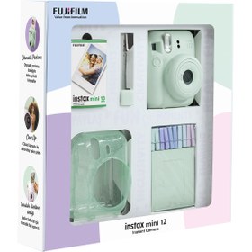 Resim Fujifilm Instax mini 12 Yeşil Fotoğraf Makinesi 10'lu Film Simli Pleksi Kılıf Mandal ve Kıskaçlı Resim Standı 