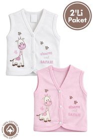 Resim Miniel Kız Bebek Zürafa Nakışlı Organik Pamuklu 3-6-9 Ay 2li Penye Bebek Yelek - Pembe 