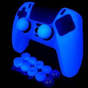 Resim HLRAO Blue Glitter Protective Silicone Cover Skin, Glow in The Dark Silicone Skins PS5/Slim/Pro Controller, 8 PCS Glitter Thumb Grip Caps ve 2 Paw Grips Caps. 