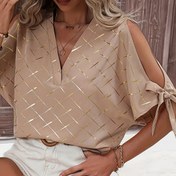 Resim Omuz Çıkıntılı Elegant V-Yaka Çizgili Bluz - %100 Polyester Dokuma Kadın Gömlek, Tüm Mevsim Elegant Stil 