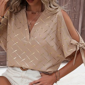 Resim Omuz Çıkıntılı Elegant V-Yaka Çizgili Bluz - %100 Polyester Dokuma Kadın Gömlek, Tüm Mevsim Elegant Stil 