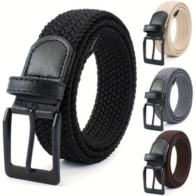 Resim Düz Renk Unisex Kanvas Kemerler Basit Kare Pin Toka Örgülü Kemer Rahat Kot Pantolon Kemer Kadınlar Erkekler Için 