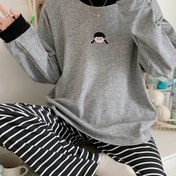 Resim Kadınlar İçin Günlük Karakter Baskılı Pijama Takımı - Yuvarlak Yaka Uzun Kollu Üst ve Elastik Bel Pantolon, Makinede Yıkanabilir, Mevsimlik Uyku Giysisi, Bol Kesim | Şirin Desenli Tişört | Polyester Kumaş, Pijama Alt Parçası 