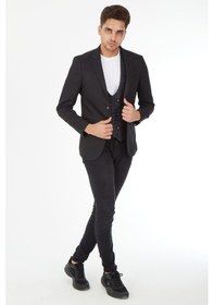Resim Sposo 5139 Ekose Yelekli Dar Kalıp Siyah Erkek Blazer Ceket Siyah 