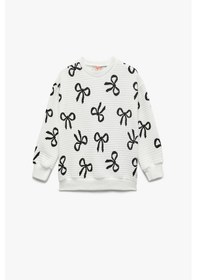 Resim Koton Kız Bebek Fiyonk Baskılı Uzun Kollu Bisiklet Yaka Sweatshirt Beyaz 