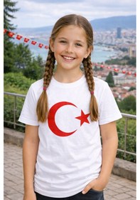 Resim Kız Kısa Kol Beyaz Çocuk Bayrak Ay Yıldızlı 23 Nisan 29 Ekim 10 Kasım Gösteri Özel Tişört 