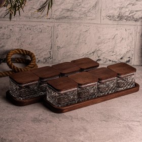 Resim Snippy Milla Kare 10 Parça Tepsili Ahşap Vakumlu Kapaklı Cam Kahvaltılık Çok Amaçlı Cam Çerezlik 230ML 