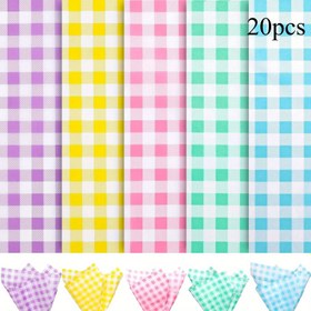 Resim 20 Adet Pastel Paskalya Hediye Paketleme Kağıdı - Pembe, Yeşil, Mavi, Sarı Renklerde Buffalo Desenli Plastik Sayfalar DIY El İşleri, Doğum Günü Partisi Süslemeleri ve İlkbahar Ev Dekoru için, Canlı Peçete Tasarımları, Hediyeler İçin Ambalaj Kağıdı 