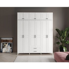 Resim GuneyStore Gözde 6 Kapaklı Yüklüklü Komple Mdf Beyaz Gardırop 
