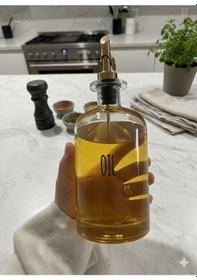 Resim Qerhome Bambu Stantlı 2'li Gold Başlıklı Şeffaf Cam Yağdanlık Seti 500 Ml+500 Ml Oliva Glass Beyaz 