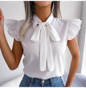 Resim Kadın İlkbahar Yaz Mizaç Banliyö Ahşap Kulak Dantel Up Papyon Şifon Gömlek Tops Beyaz 