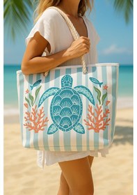 Resim Prendi Home Caretta Caretta Desenli Büyük Boy Piknik Ve Plaj Çantası Halat Saplı 55x36x15 Cm Çok Renkli 