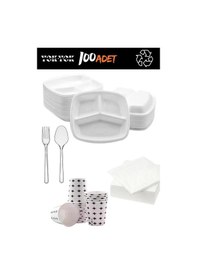 Resim Lüx 3 Gözlü Köpük Tabldot Tabak Seti 100'lü / Tabak-bardak-çatal-peçete Çok Renkli 