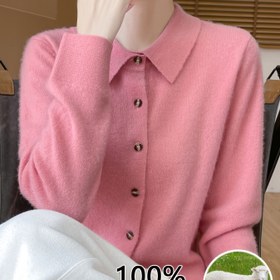 Resim %100 Yünlü Kadın Hırkası Polo Yaka Uzun Kollu Örgü Üst Kısa Stil DMR020 