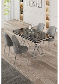 Resim Canisa Vals Serisi 80x130 Lak Panel Siyah Mermer Desen Masa Takımı Krom Ayaklı 4 Gri Sandalye Masa Siyah Mermer Desen Sandalye Gri 