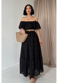 Resim The İstanbul Siyah Omzu Lastikli Brode Elbise Siyah 