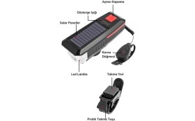 Resim Solar Ledli Bisiklet Feneri Kornalı USB ile Şarj Edilebilir Su Geçirmez Far 