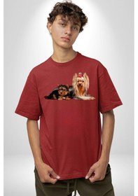 Resim Yorkshire Teacup Ve Anne Köpek Pamuklu Bisiklet Yaka Unisex Oversize Boyfriend Dijital Baskılı Kırmızı T-shirt Kırmızı 