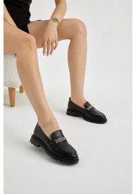 Resim Kalın Poli Taban Zincir Aksesuarlı Kadın Siyah Cilt Günlük Loafer Tbfzlcmc115 Siyah Cilt 